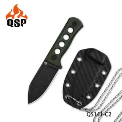 QSP Canary Fixed Blade Knife Green Micarta Handle 14C28N Plain Edge Black Stonewash Finish QS141-C2