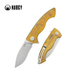 Kubey Timberwolf Folding Knife Yellow Ultem Handle 14C28N Kurki Plain Edge Stonewash Finish KU208E