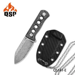 QSP Canary Fixed Blade Knife Aluminum Foil Carbon Fiber Handle Damascus Plain Edge QS141-E