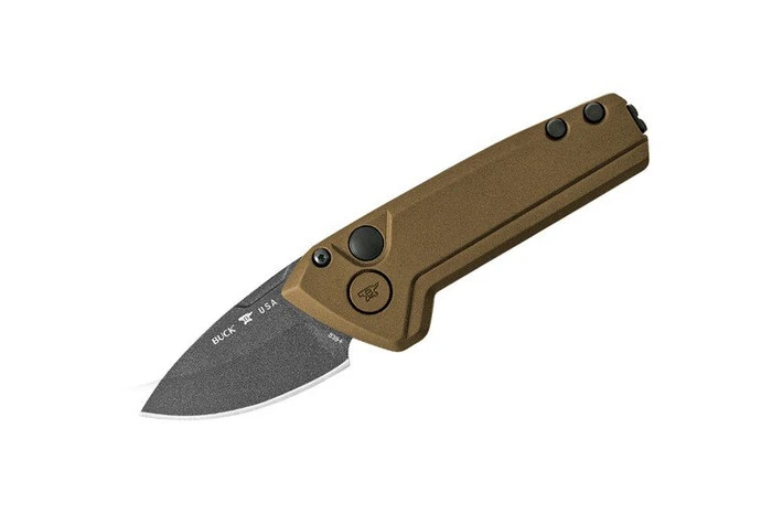 Buck 839 Mini Deploy Auto Knife Bronze Aluminum Handle 154CM Drop Point Plain Black Blade 0839BRS1-B 3 Buck 839 Mini Deploy Auto Knife Bronze Aluminum Handle 154CM Drop Point Plain Black Blade 0839BRS1-B