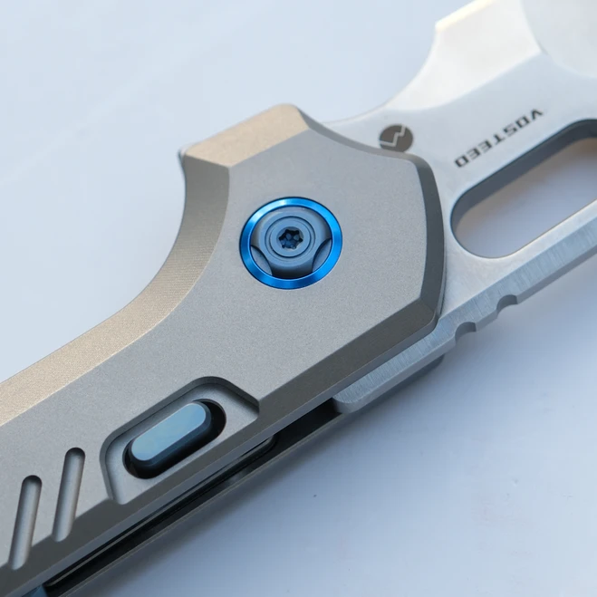 (Sold Out) WMK Exclusive Vosteed RSKAOS Folding Knife Gray Titanium Handle W/ Blue Hardware Elmax Wharncliffe Blade 8 (Sold Out) WMK Exclusive Vosteed RSKAOS Folding Knife Gray Titanium Handle W/ Blue Hardware Elmax Wharncliffe Blade - Image 6