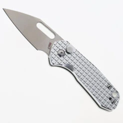 WMK Exclusive CJRB Mini Pyrite Frag Pattern Button Lock Pocket Knife Aluminum Handle AR-RPM9 Warncliffe Plain Edge Stonewash Finish J1933-AL