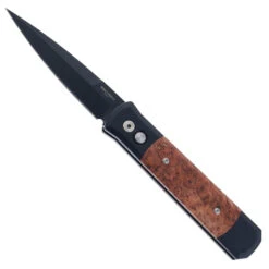 Pro-Tech Knives Godfather Automatic Knife Black & Maple Burlwood Handle 154CM DLC Black Blade 906