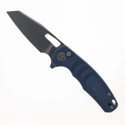 Petrified Fish Trilobite Button Lock Foliding Knife Blue Micarta Handle 14C28N Plain Edge PF-E17BW