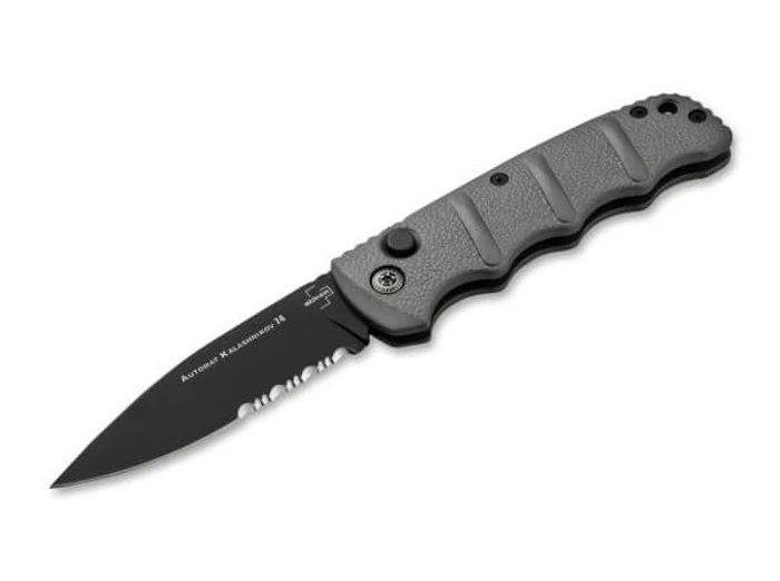 Boker KALS74 Auto Knife Grey Aluminum Handle D2 Partially Serrated Black Blade 01KALS94 4 Boker KALS74 Auto Knife Grey Aluminum Handle D2 Partially Serrated Black Blade 01KALS94 - Image 2